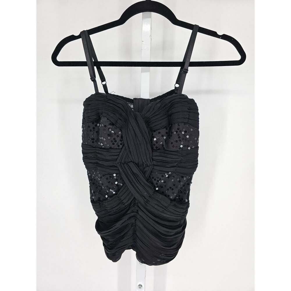 Y2K Uno Core Womens Sz S Sleeveless Ruffled Formal Top Black Sequin Bodice